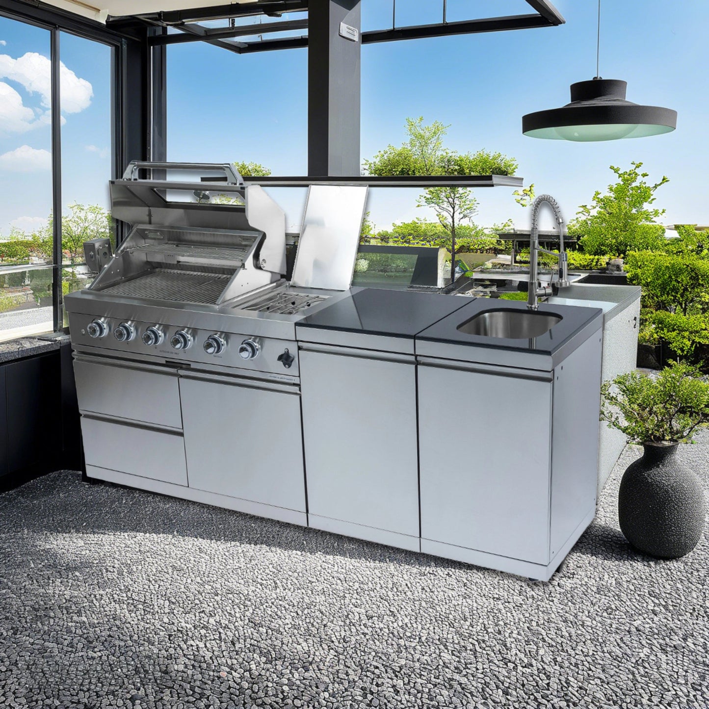 85" 4-Burner 72,000 BTU Silver Outdoor Kitchen Island Grill + Side Burner + Storage Cabinets & Drawers