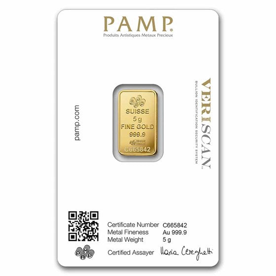 5 Gram Gold Bar .9999 Fine PAMP Lady Fortuna Veriscan In Assay 0.1607 Oz