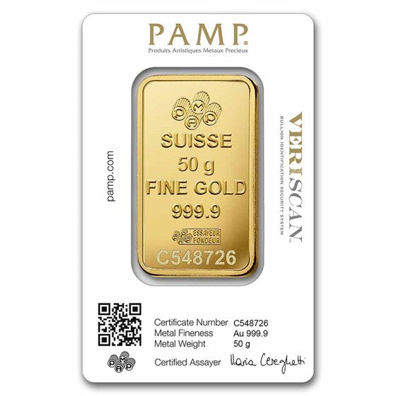 50 Gram Gold Bar PAMP Suisse Lady Fortuna Veriscan .9999 Fine In Assay