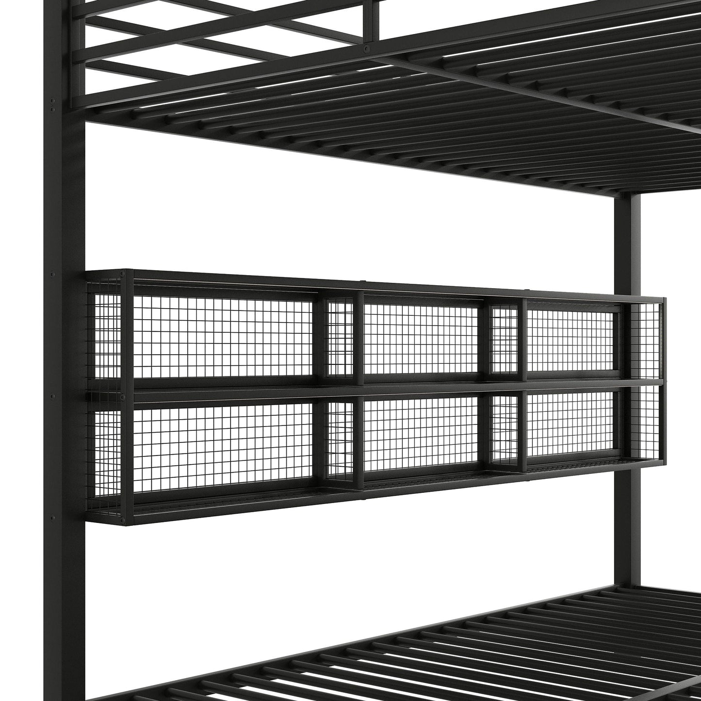 Queen Over Queen Bunk Bed With Storage Cabinets And LED Sturdy Frame, 6 Storage Units, Adjustable LED Lights - Black