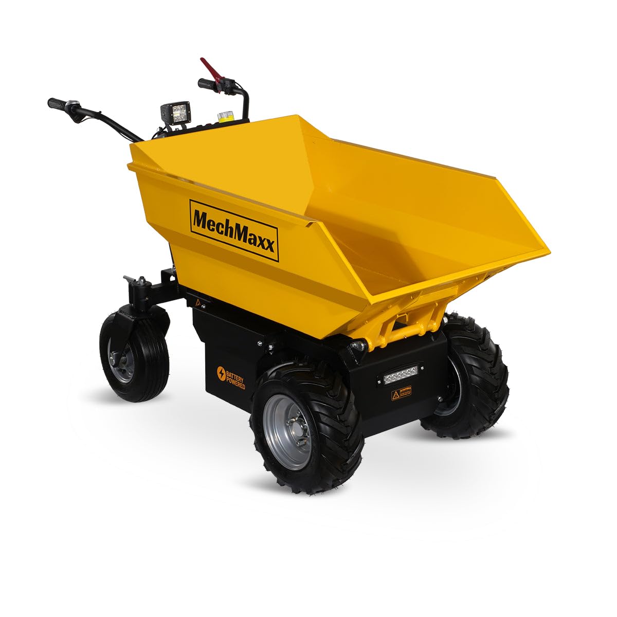 MechMaxx 1100Lb Loading 48V Battery Powered Wheel Barrow Electric Dumper Cart with 30W Light, Hydraulic Tipping, 1000W Brushless DC Motor, LED Display Screen, Model EH50 Yellow