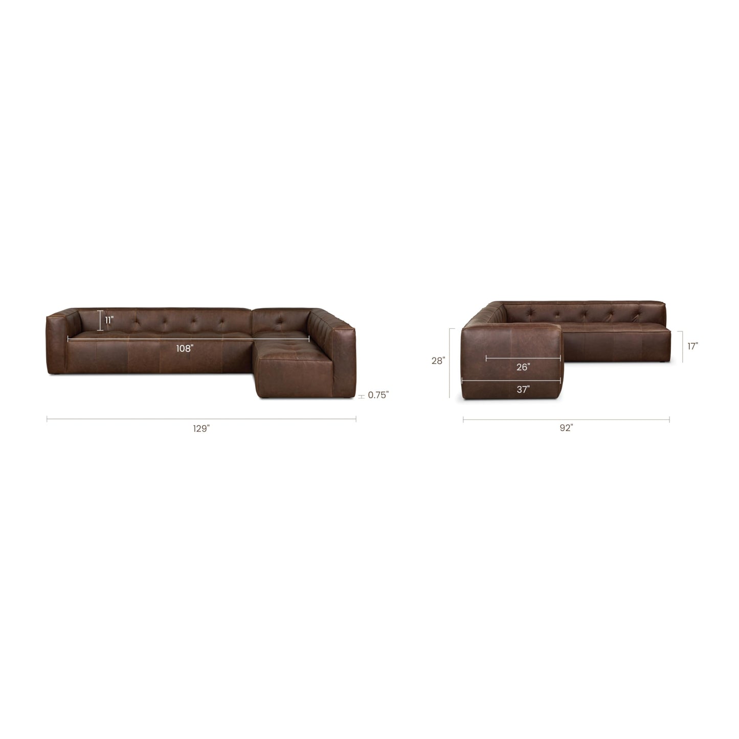 Poly & BARK Capa 129" Leather L-Shaped Corner Sectional Sofa in Chocolate Brown - Full-Grain Pure-Aniline Italian Leather Living Room Couch with Low Profile and French Seams