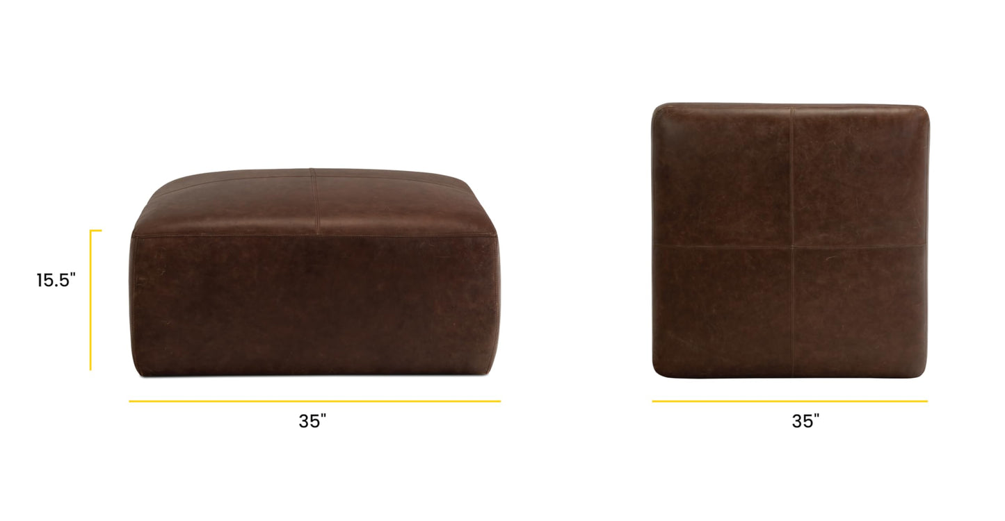 POLY & BARK Denver Ottoman – 43" Large Pouf with Feather-Down Topper – Full-Grain Leather Upholstered Pouf Ottoman for Living Room – Vintage Italian Leather in Cognac Tan