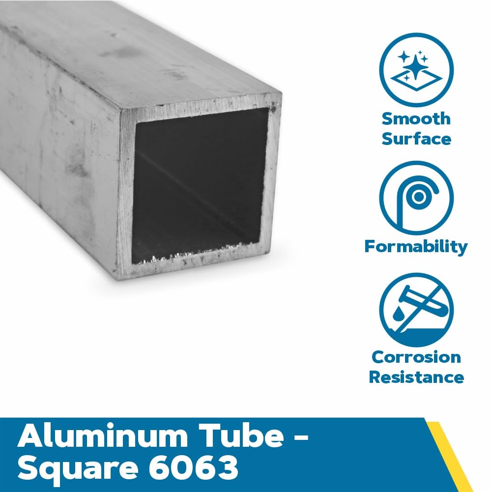 6063 Aluminum Square Tubing, T52 Temper, ASTM B221, 1.25" Height, 1/8" Wall, 36" Length, OnlineMetals