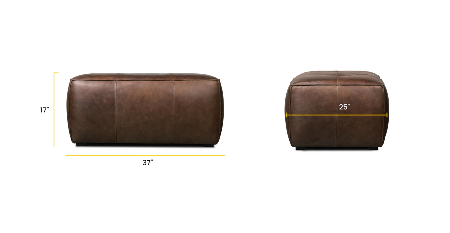 POLY & BARK Denver Ottoman – 43" Large Pouf with Feather-Down Topper – Full-Grain Leather Upholstered Pouf Ottoman for Living Room – Vintage Italian Leather in Cognac Tan