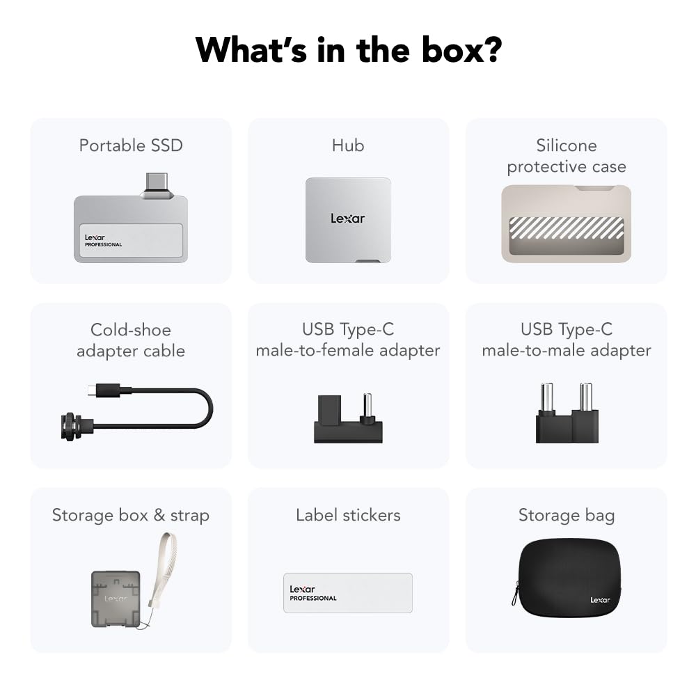 Lexar 1TB Professional Go Portable SSD w/Hub, Supports Apple 4K 60fps ProRes, Up to 1050MB/s, USB 3.2, Rugged, IP65, Ultracompact, Compatible w/iPhone 15/16 (Not 17), External SSD (LSL400S001T-RNSNU)