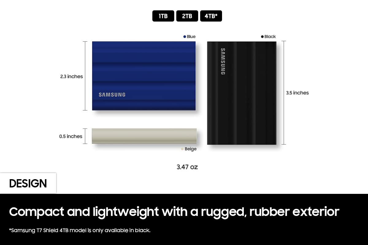 Samsung T7 Shield 2TB, Portable SSD, up-to 1050MB/s, USB 3.2 Gen2, Rugged,IP65 Water & Dust Resistant, for Photographers, Content Creators and Gaming, Extenal Solid State Drive (MU-PE2T0S/AM), Black