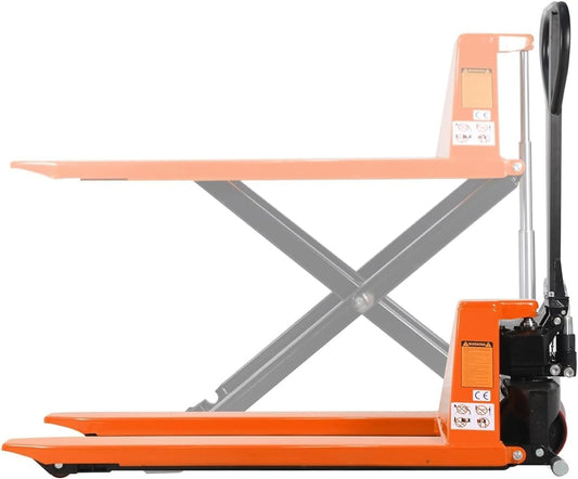 Scissor Pallet Jack, High Lift Truck, 45 x 27 Forks, 2200 lbs Cap. 31.5" Lifting Height Manual Trucks for Open Bottom Pallets