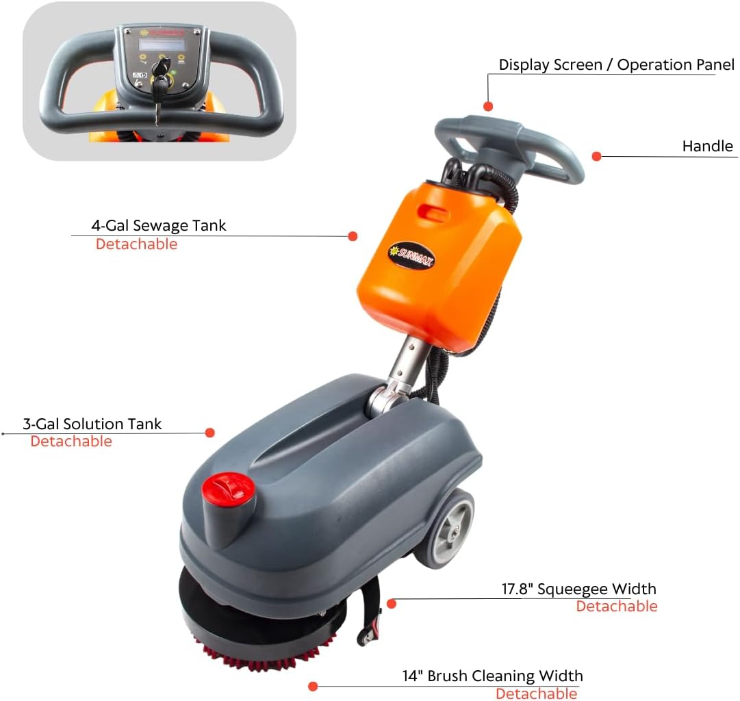 14" Commercial Compact Floor Scrubber Dryer Machine, 14500 sqft/h, 4-Gal Sewage Tank, 3.5 Hour Fast Charging Efficient Cleaning for Hard Floors | RT15+