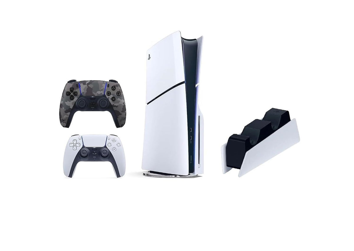 Sony Playstation 5 Slim Disc 1TB Console Bundle with White & Gray Camo Controllers and DualSense Charging Station, 4K-TV Gaming - SNY-BD-PS5SLIM (Renewed)
