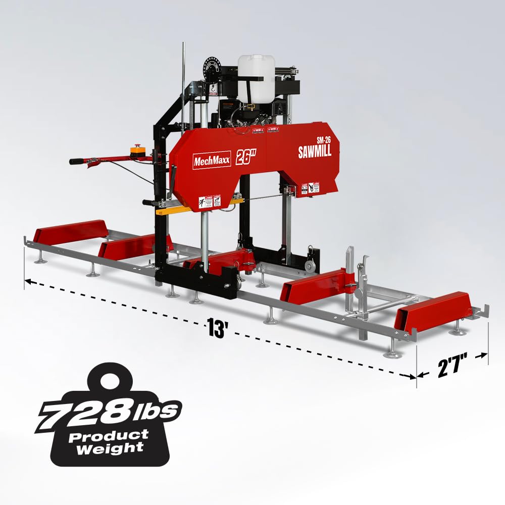 MechMaxx 32" Portable Sawmill, ZONSEN 459cc 15HP E-Start Gasoline Engine, 26.5" Board Width, 13' Track Length, Model SM-32