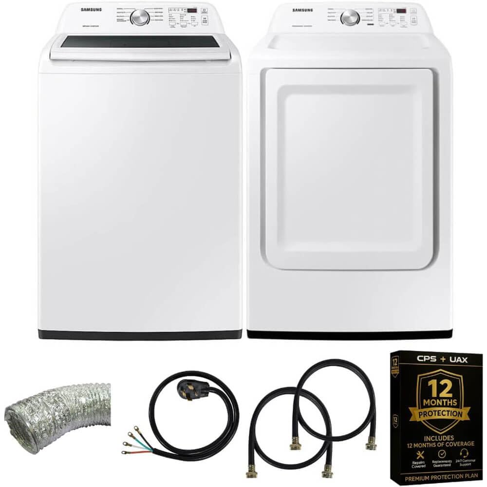 Samsung Smart 4.7 Cu Ft Top Load Washer & 7.4 Cu Ft Electric Dryer, Sensor Stops Overdrying, Low Vibration Quiet Wash, WaterJet w/Power Cords, Hoses, Vent Duct, 1 Year CPS Protection Bundle (Black)