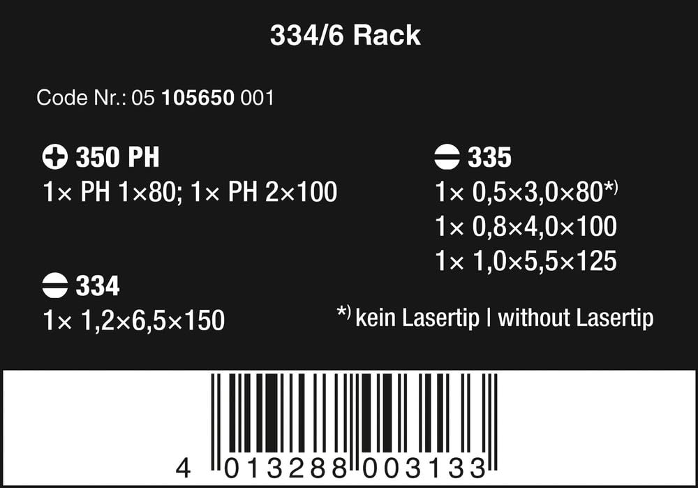 WERA 05105650001 334/6 Rack Screwdriver Set Kraftform Plus Lasertip and Rack, 6 Pieces