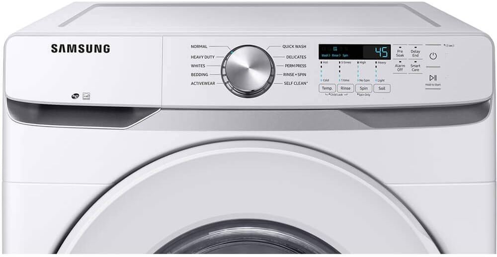Samsung White Front Load Laundry Pair 4.5 Cu Ft Washer 7.4 Cu Ft Electric Dryer with Pedestals Dryer Vent Power Cord Water Hoses and 1 Year CPS Warranty Large Capacity Home Set