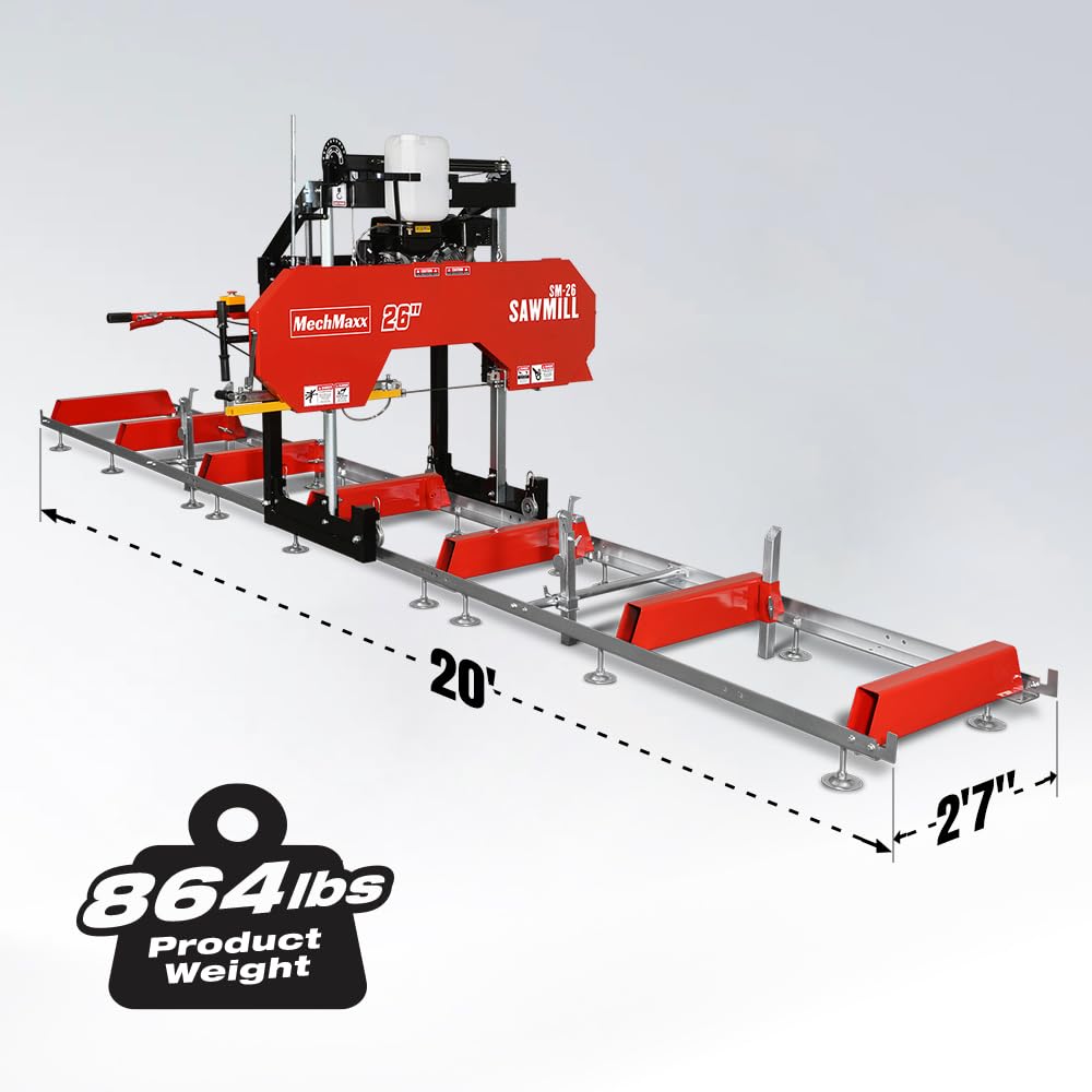 MechMaxx 32" Portable Sawmill, ZONSEN 459cc 15HP E-Start Gasoline Engine, 26.5" Board Width, 13' Track Length, Model SM-32