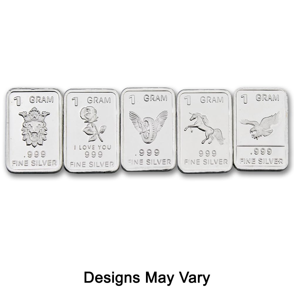 Ten (10) One Gram .999 Pure Silver Bars with Random Designs in a Jewelry Pouch by Mint State Gold