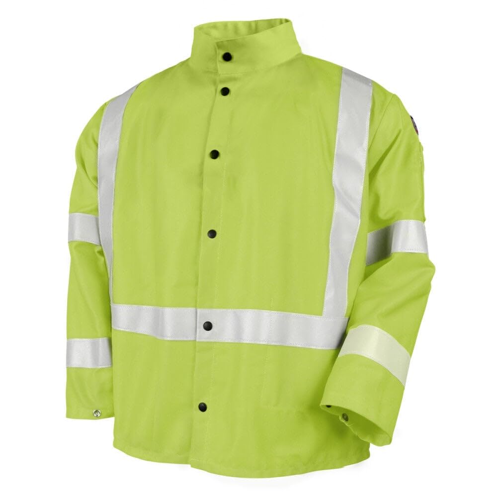 Black Stallion (JF1012) Safety Welding Jacket, 9 oz Flame Resistant Cotton, 2" Silver Reflective Tape, Welder's Collar
