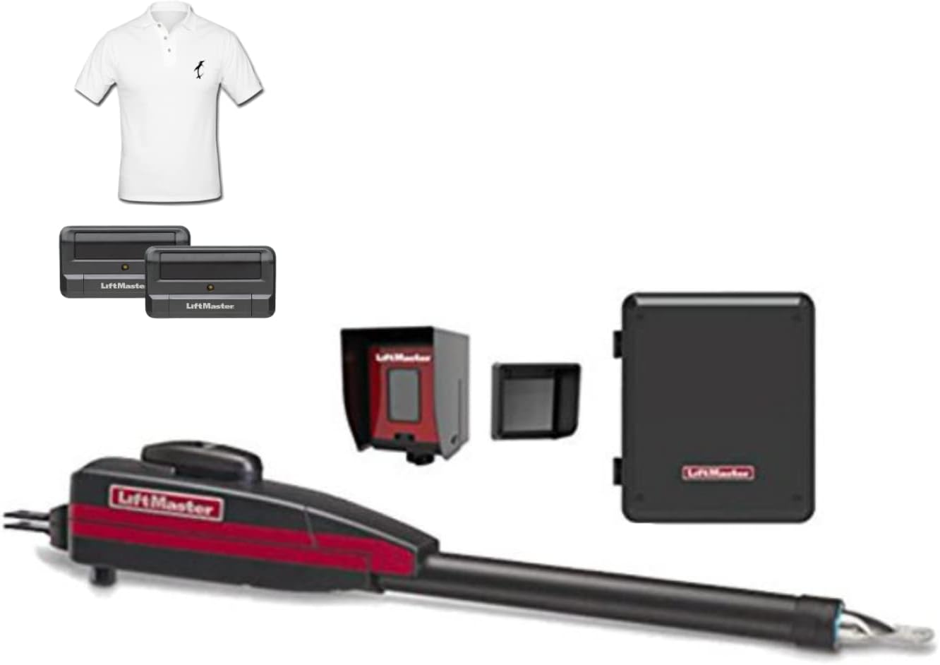 Liftmaster LA400PKGUL Swing Gate Opener Kit - Also Includes (2) 811LM Remotes, Battery Backup, Receiver & Photocell, Gate Sensor, and SMFE Cotton Installer Shirt
