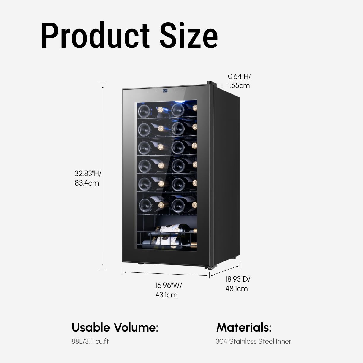 Yeego Wine Fridge – 34 Bottles Wine Cooler, 38–65℉ Digital Control with Double Glass Door & LED Light, Freestanding Wine Fridge Under Counter for Home Bar and Kitchen