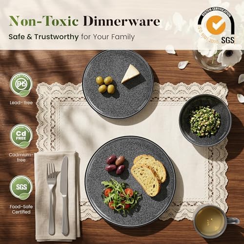 Kitchen Academy 12Pcs Granite Cookware Set + 16 Pcs Stoneware Dinnerware Sets for 4