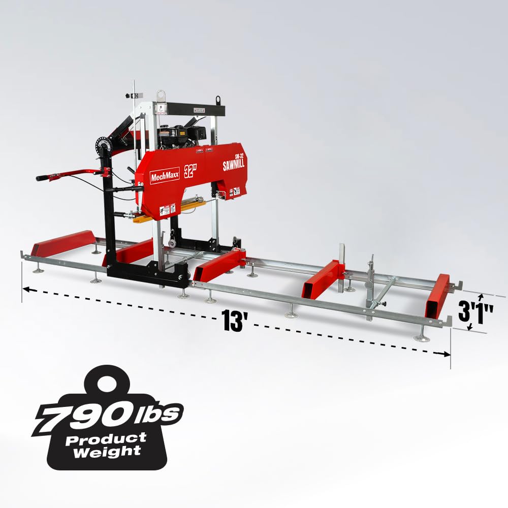 MechMaxx 32" Portable Sawmill, ZONSEN 459cc 15HP E-Start Gasoline Engine, 26.5" Board Width, 13' Track Length, Model SM-32