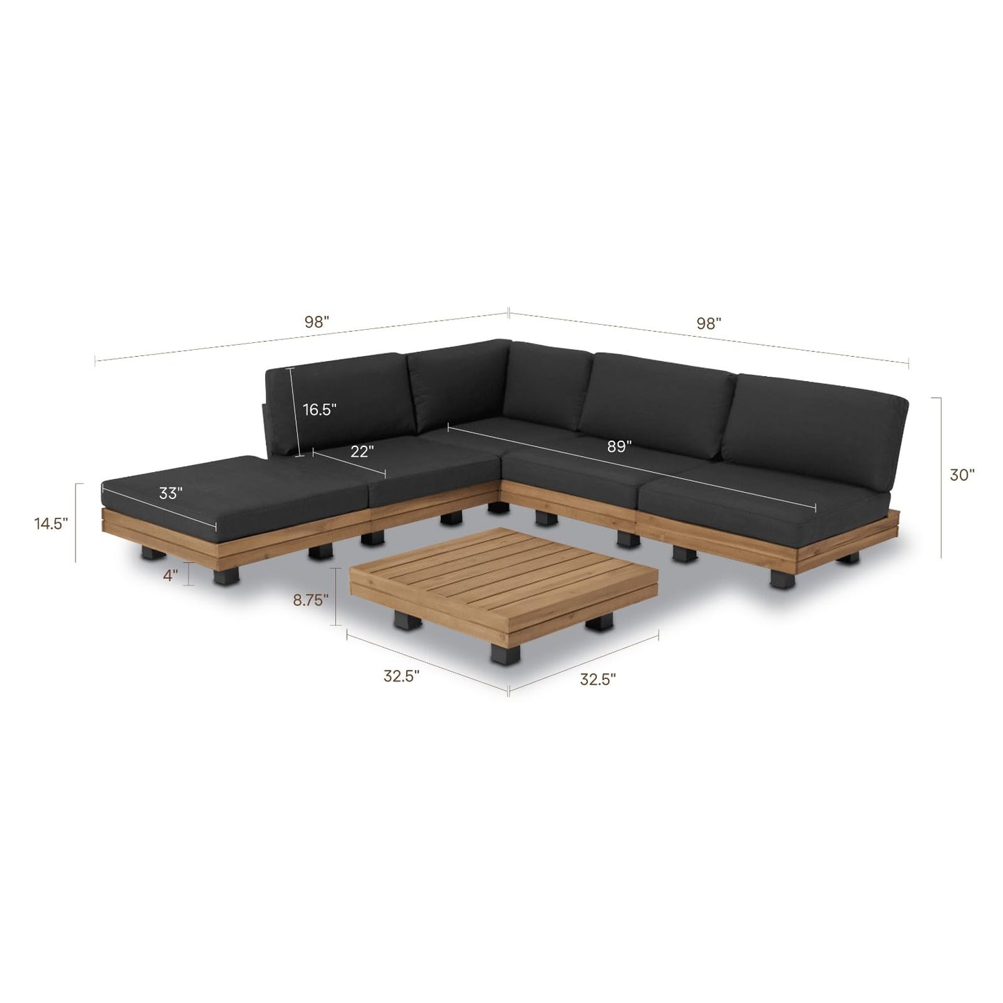 Poly & BARK Celenza Modular Corner Sectional Set with Coffee Table–Outdoor Sectional in Acacia Wood and Powder‑Coated Steel with Weather‑Resistant Cushions–Stylish Patio Lounge for Family and Guests