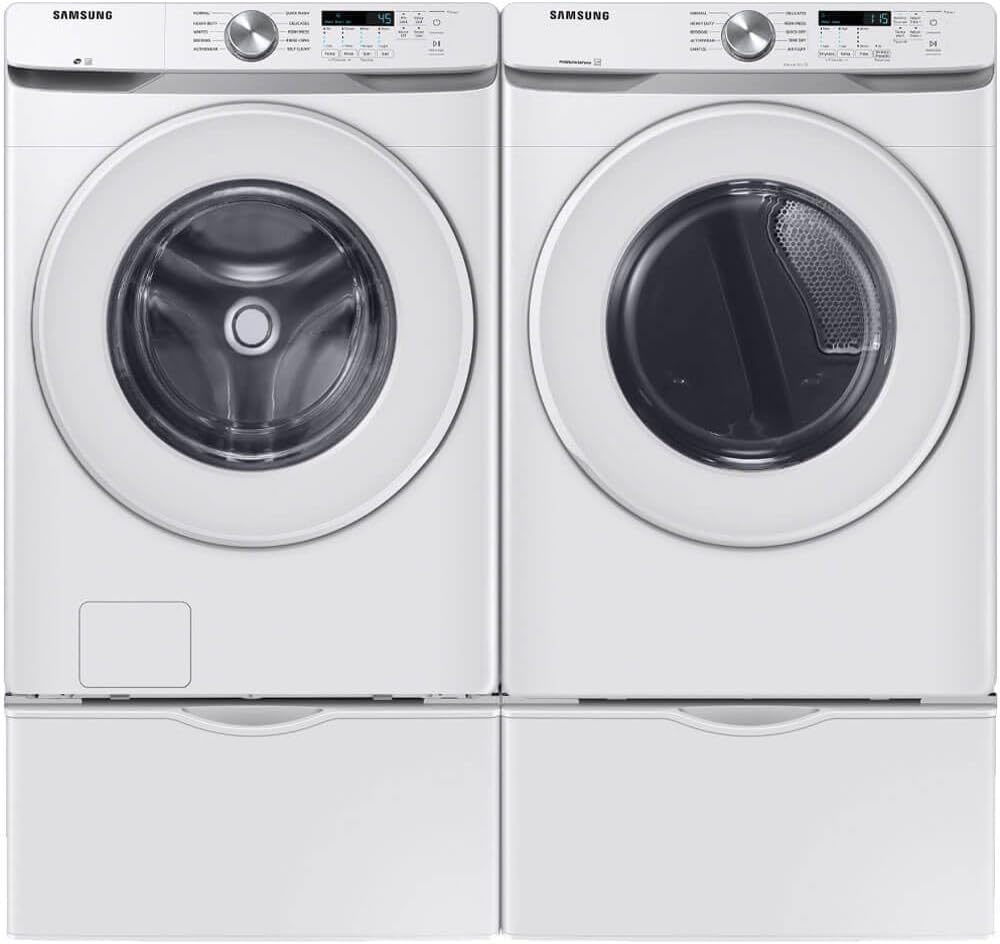 Samsung White Front Load Laundry Pair 4.5 Cu Ft Washer 7.4 Cu Ft Electric Dryer with Pedestals Dryer Vent Power Cord Water Hoses and 1 Year CPS Warranty Large Capacity Home Set