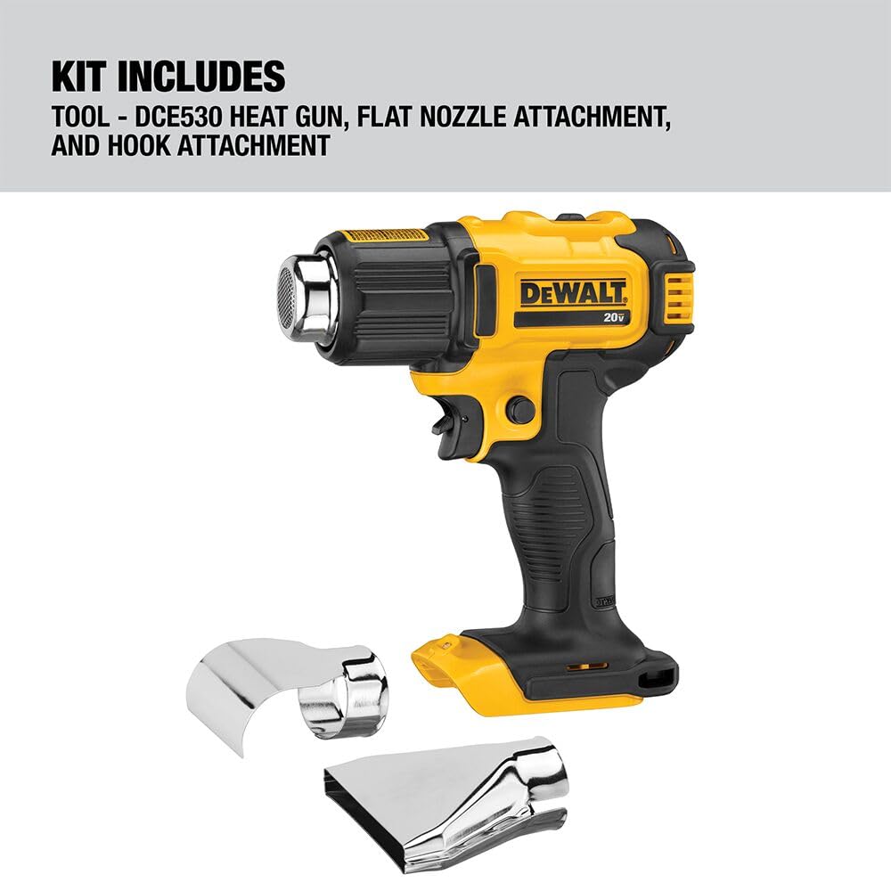 DEWALT 20V MAX Heat Gun, Cordless, Up to 990 Degrees, 42 Minutes of Run Time, LED Light, Heatgun with Flat and Hook Nozzle Attachments,Tool Only (DCE530B)