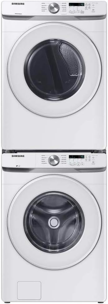 Samsung White Front Load Laundry Pair 4.5 Cu Ft Washer 7.4 Cu Ft Electric Dryer with Pedestals Dryer Vent Power Cord Water Hoses and 1 Year CPS Warranty Large Capacity Home Set