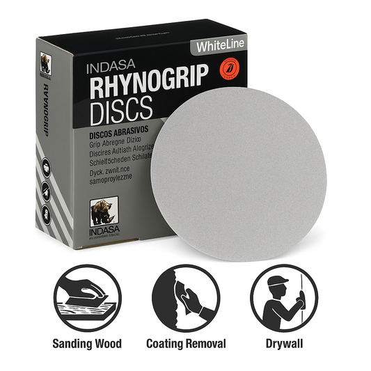 Indasa 5" Solid Sanding Discs – Rhynogrip White Line, Hook & Loop, 36–600 Grit (52 Series)