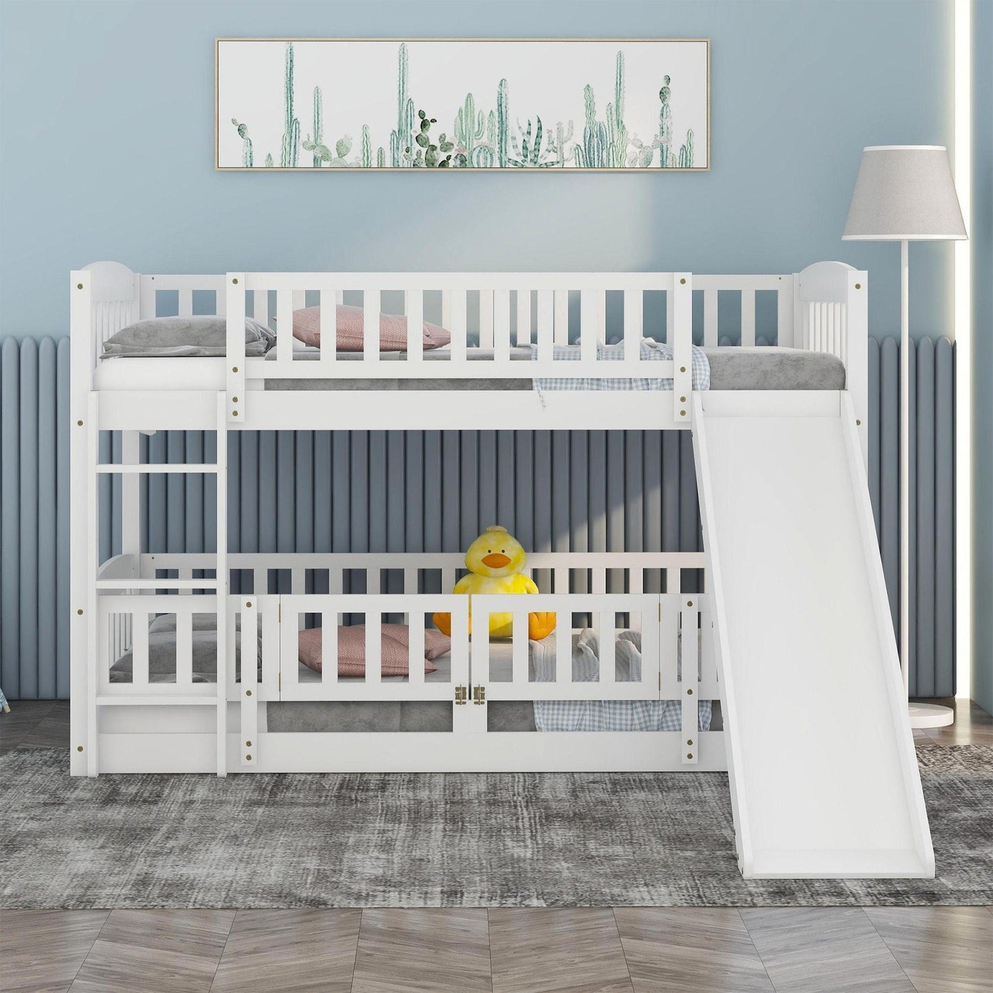 Low Bunk Bed With Slide, Fence And Ladder