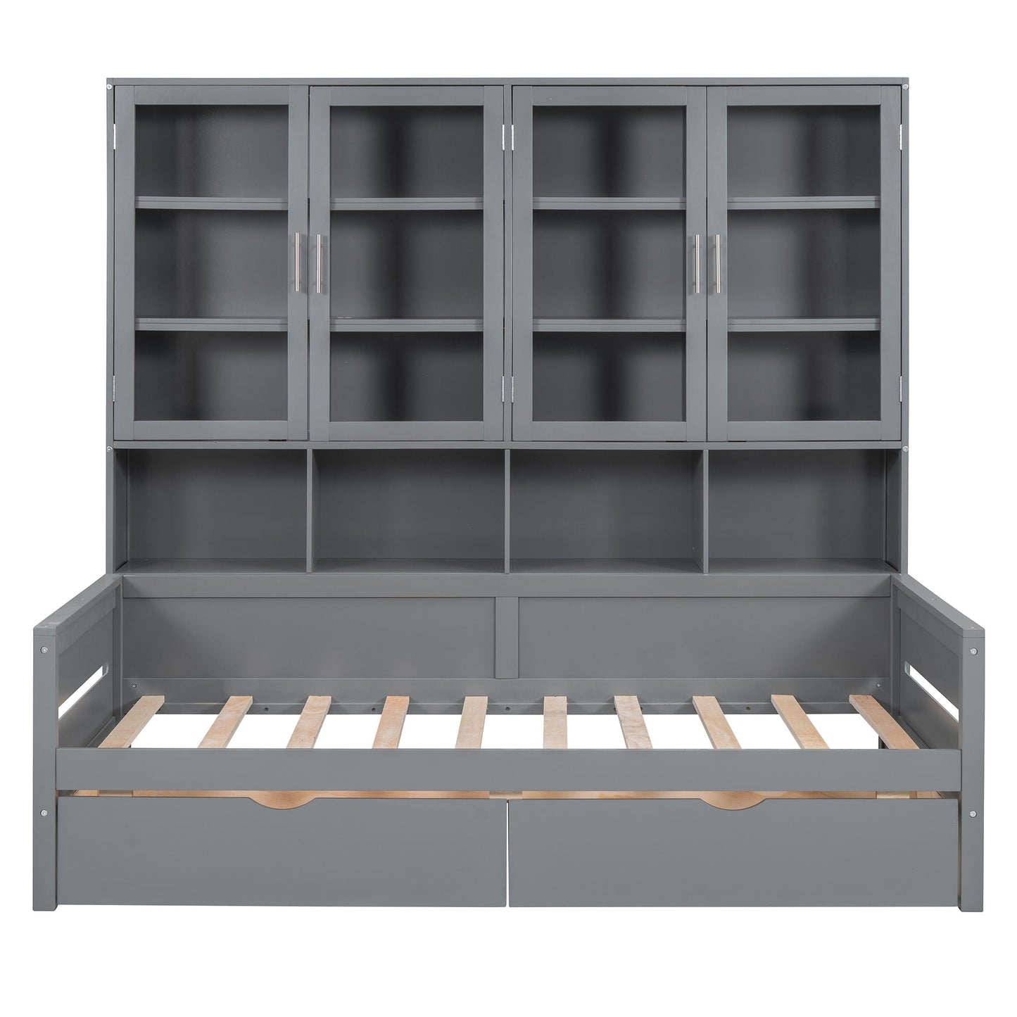 Daybed With Glass Door Storage Cabinets, Built In LED Lighting And Shelves