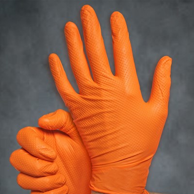 ProWorks® CATCH® Nitrile Disposable Gloves With Pyramid Grip® Texture, IND, PF, Orange, 9 mil