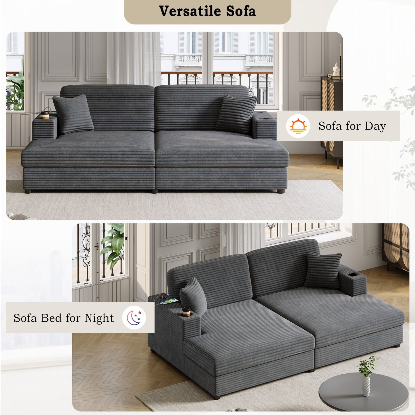 Oversized Loveseat Chaise With 2 USB Ports, 2 Cup Holders And 2 Throw Pillows