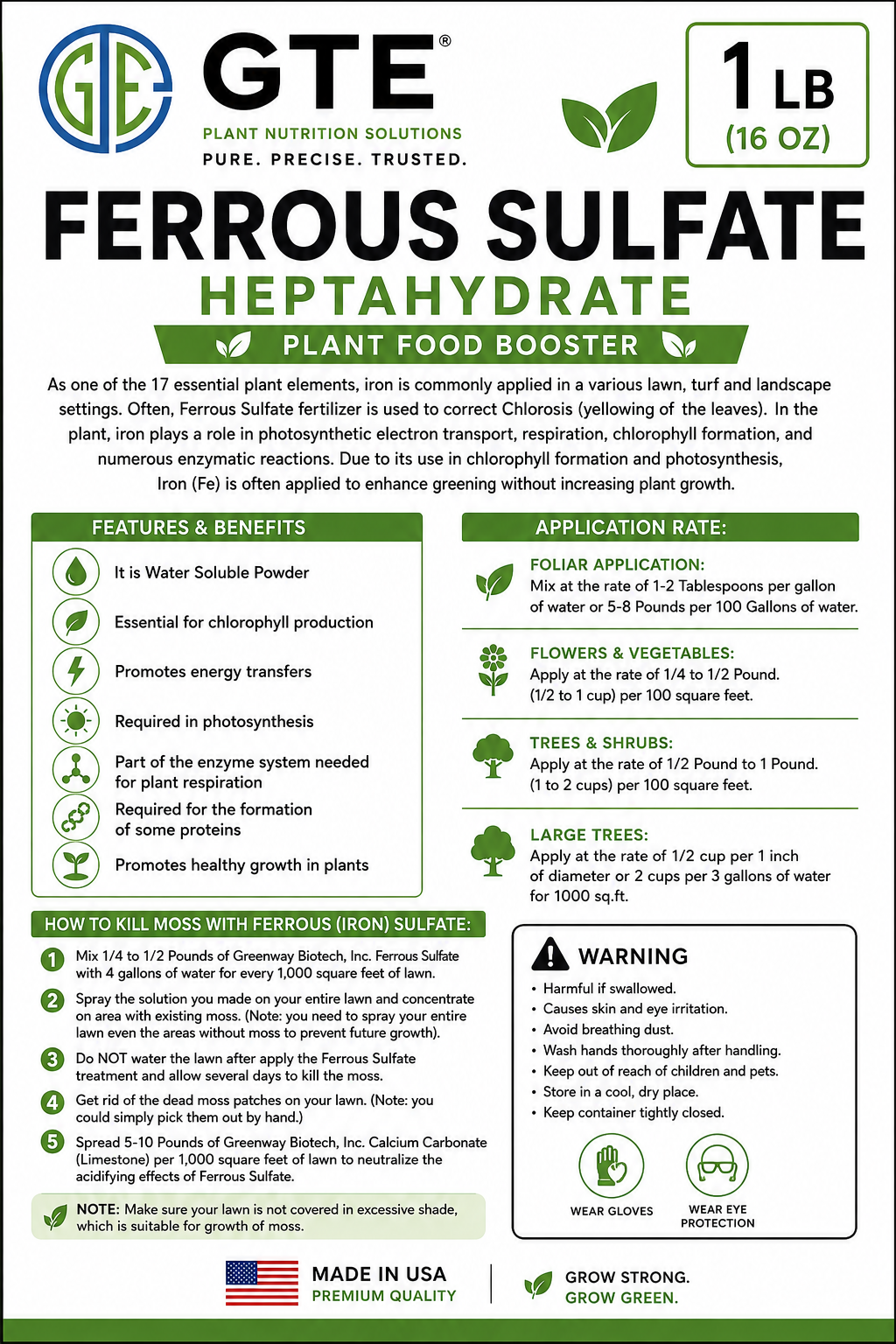 GTE Ferrous Sulfate Powder – 3 lb, 20% Iron, Water-Soluble Plant Supplement