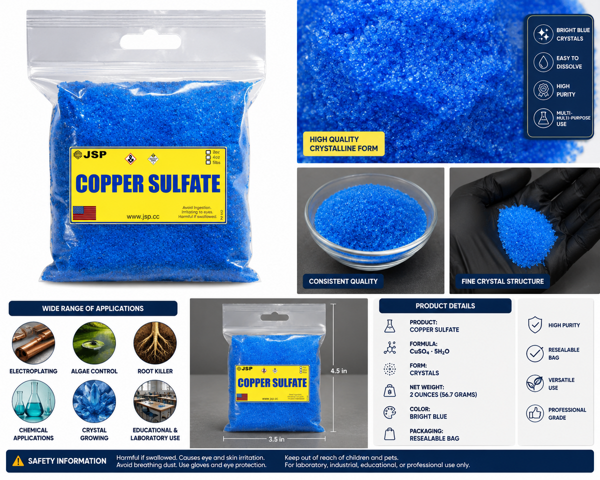 JSP Copper Sulfate Crystals – 2 oz for Electroplating & Metal Etching