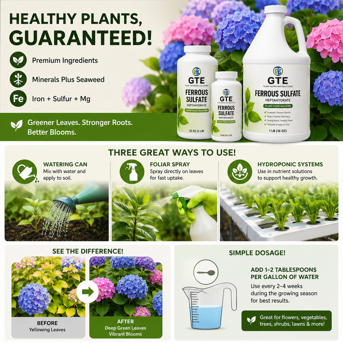 GTE Ferrous Sulfate Powder – 3 lb, 20% Iron, Water-Soluble Plant Supplement