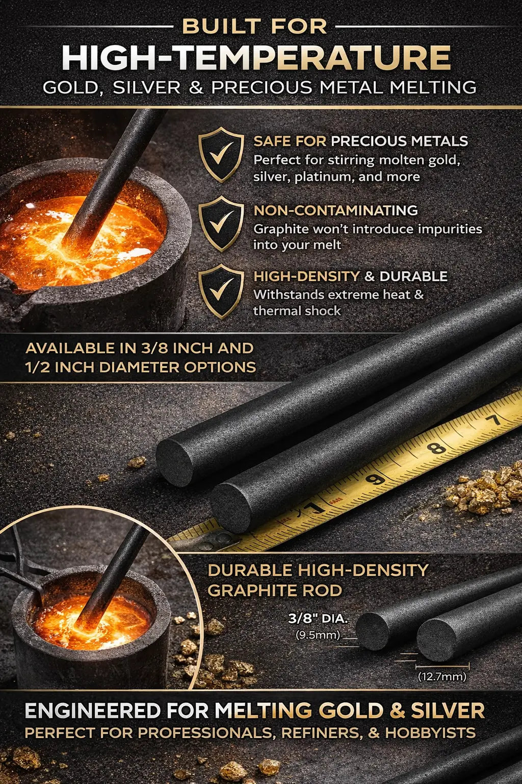 Gold Melting Kit Small Ceramic Crucible + 1/2" Graphite Stirring Rod Refining