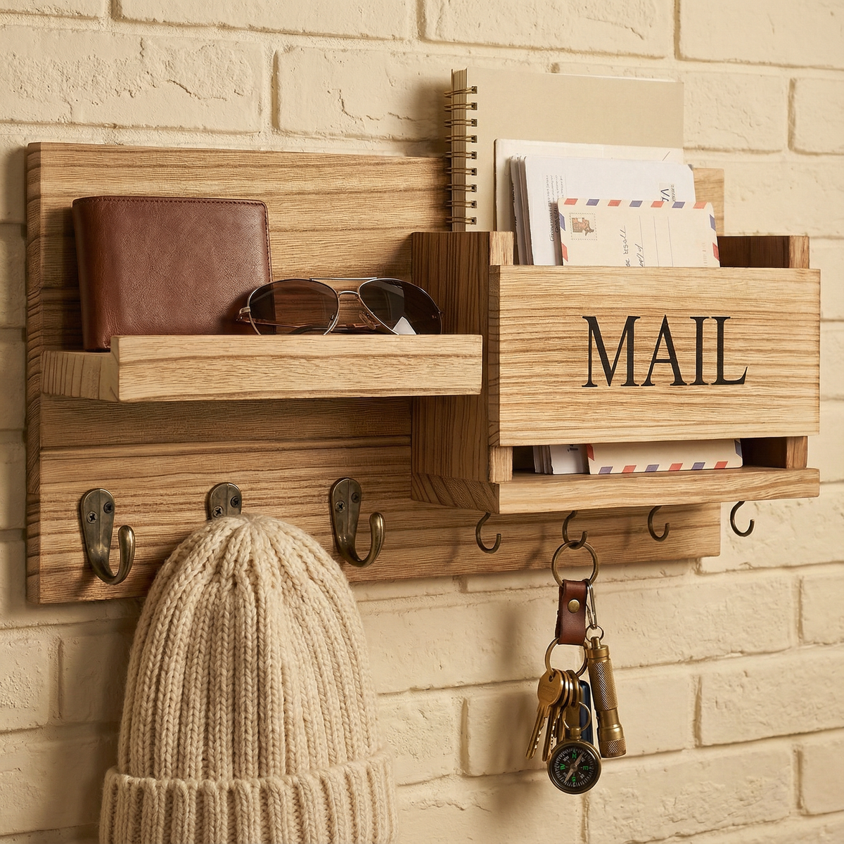 Vintage Wood Wall Organizer – Key Holder, Mail Rack & Coat Hooks