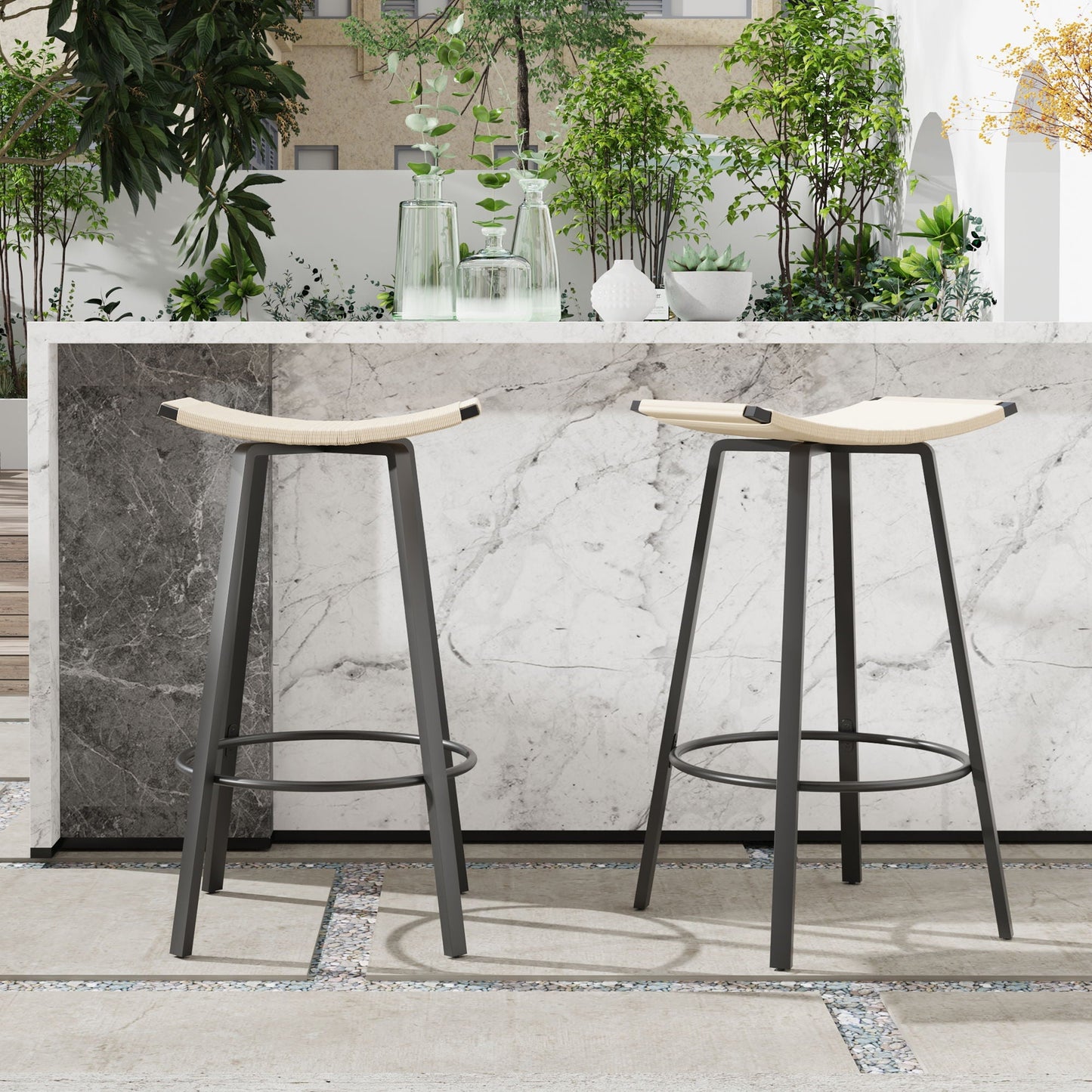 Counter Height Bar Stools Backless Handwoven Kitchen Dining Chairs With Round Footrest (Set of 2) Weaving Pub Stoo - Creamy White