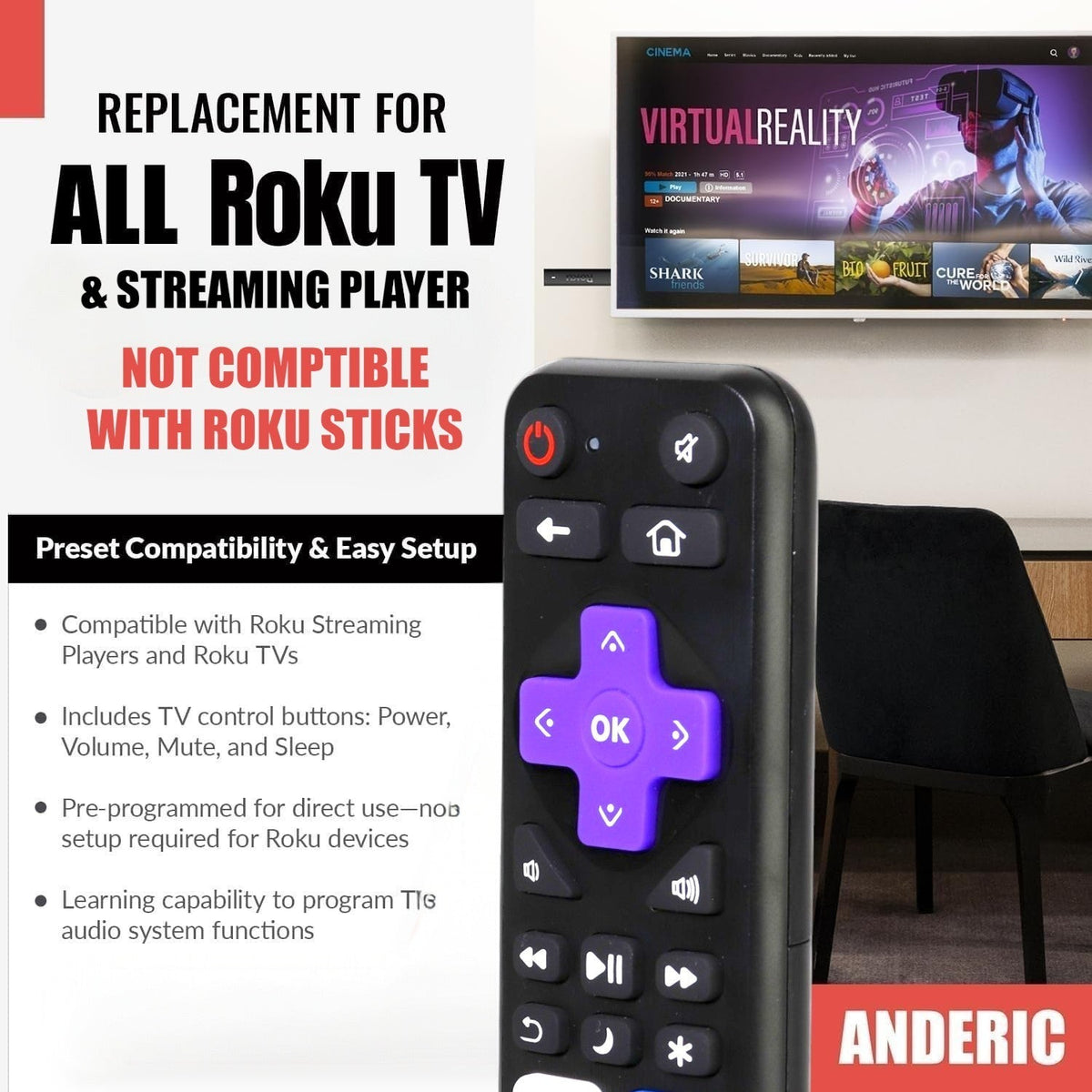 Anderic Substitute for Hitachi RC-ALIR Roku TV Remote Control 3226000754 [RRST01]