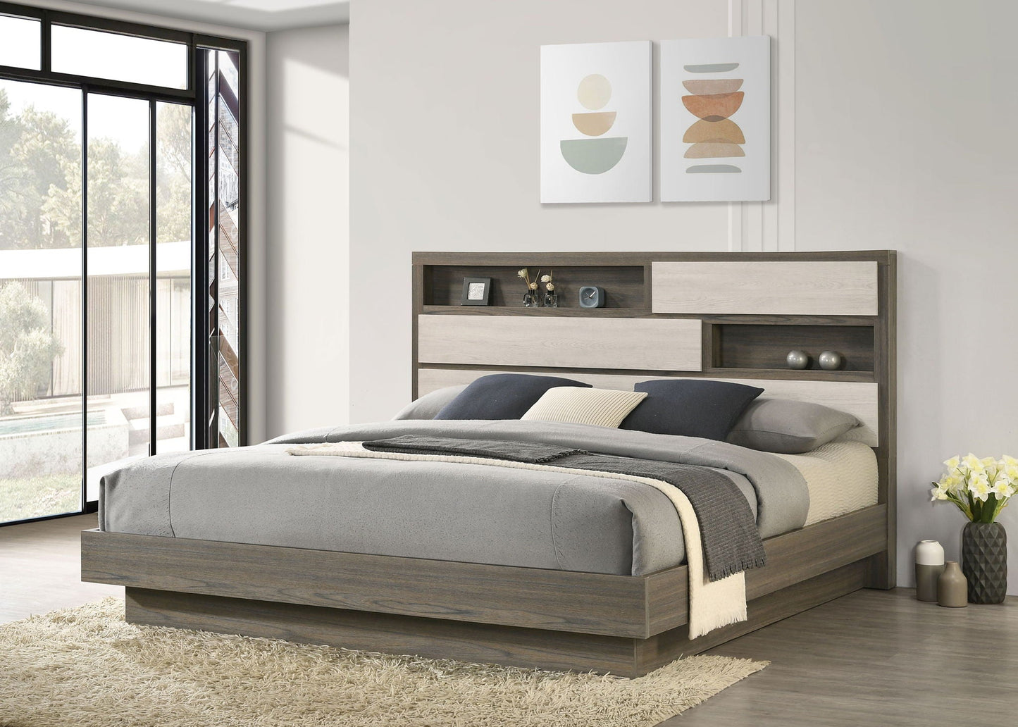 Fenwick Eastern King Bed Bookcase Headboard Grey Oak