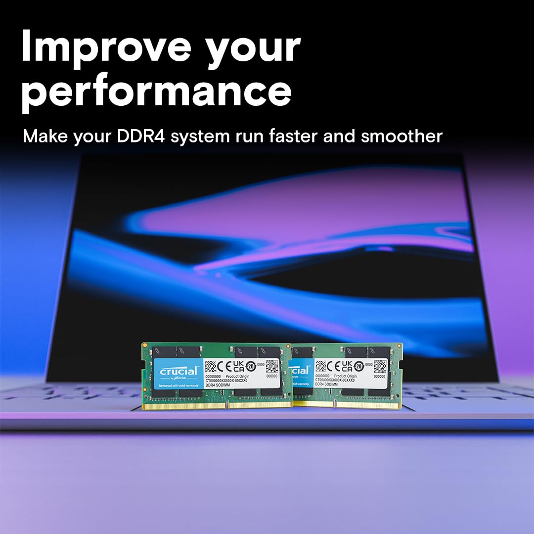 Crucial 32GB DDR4 RAM Kit (2x16GB), 3200MHz (PC4-25600) CL22 Laptop Memory, SODIMM 260-Pin, Downclockable to 2933/2666MHz, Compatible with 13th Gen Intel Core and AMD Ryzen 7000 - CT2K16G4SFRA32A