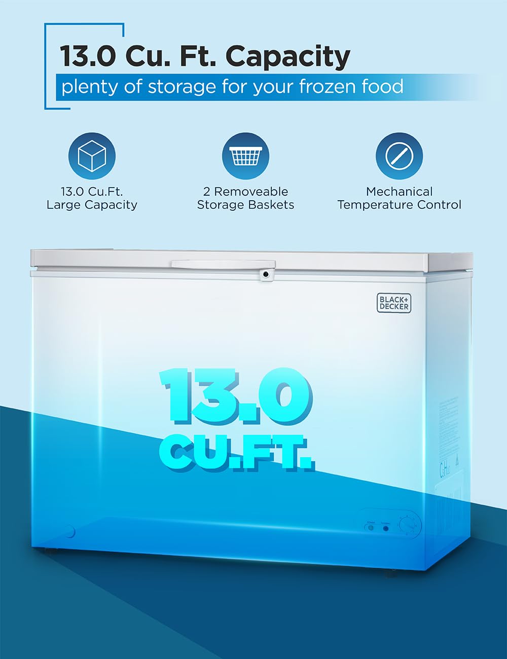 BLACK+DECKER 19.8 Cu. Ft. Chest Freezer, Deep Freezer with Top Opening, Freezer Chest with 2 Removable Storage Baskets, Mechanical Temperature Control, Manual Defrost, R600a Refrigerant,BCF1980E,White