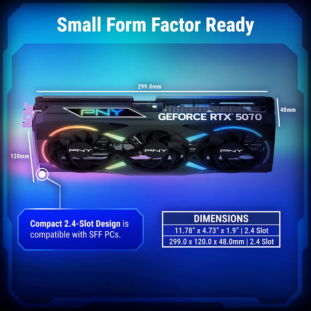 PNY NVIDIA GeForce RTX™ 5070 OC Triple Fan, Graphics Card (12GB GDDR7, 192-bit, Boost Speed: 2587 MHz, SFF-Ready, PCIe® 5.0, HDMI®/DP 2.1, 2.4-Slot, Blackwell Architecture, DLSS 4)