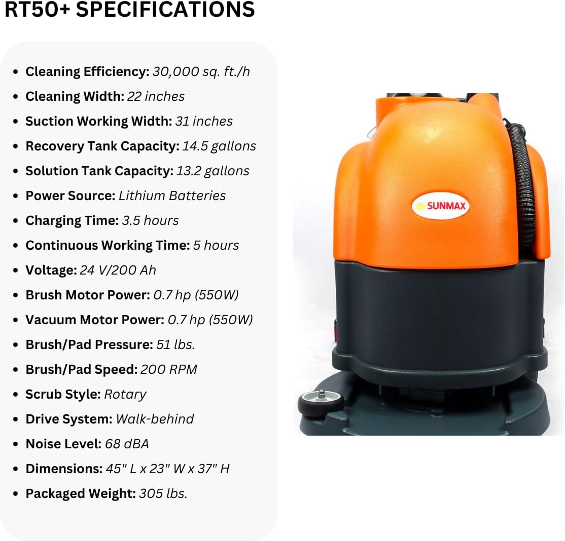 22" Walk-Behind Commercial Floor Scrubber Dryer, 13.2/14.5-Gal Dual Tanks, 3.5-Hour Fast Charging, Up to 5 Hours Runtime, 31" Squeegee, Cordless Hard Floor Cleaner