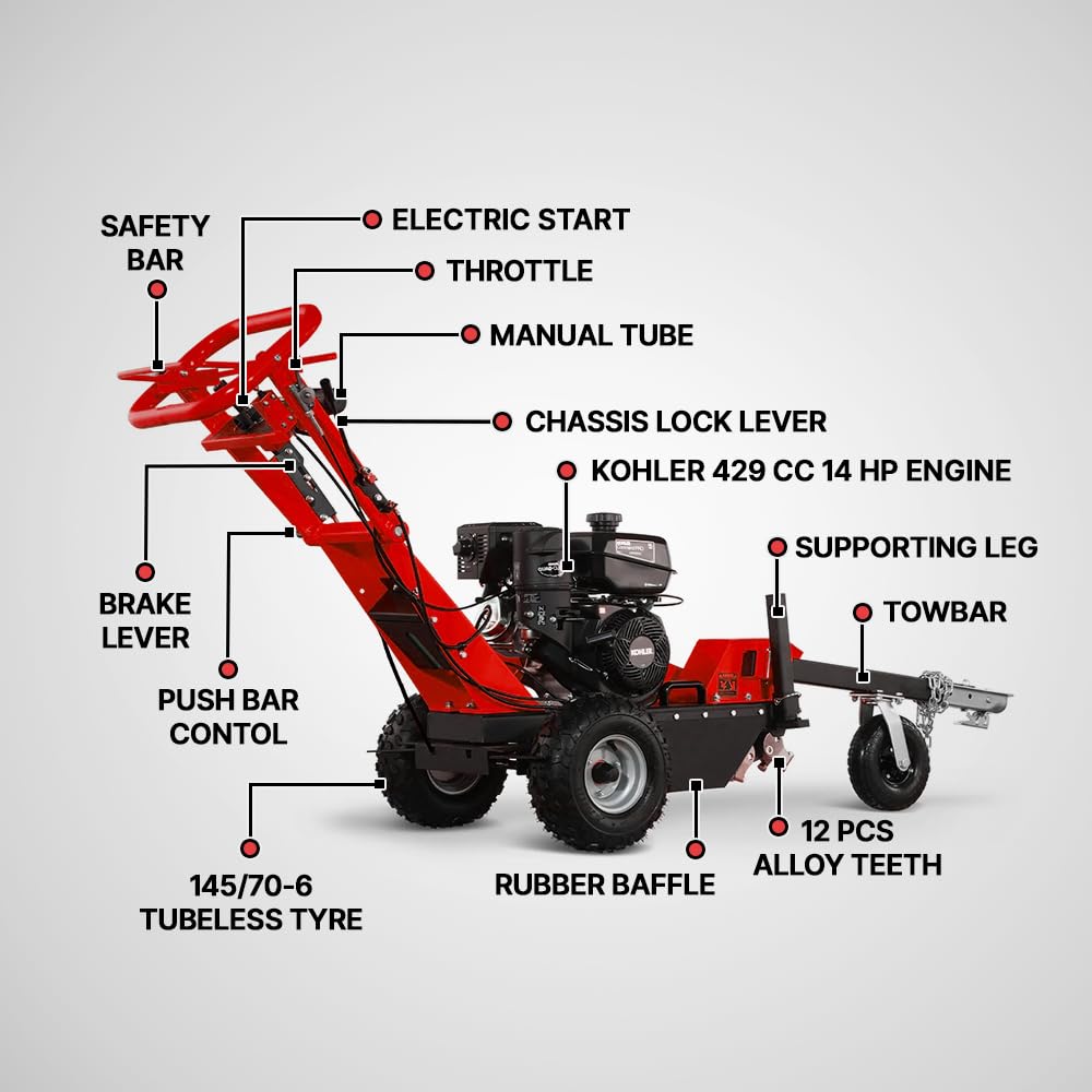 MechMaxx Stump Grinder With Support Leg, DUCAR 420cc 15HP Gas Engine