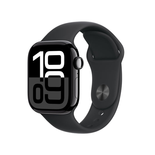 Apple Watch Series 10 [GPS + Cellular 42mm case] Smartwatch with Jet Black Aluminum Case with Black Sport Band - M/L. Fitness Tracker, ECG App, Always-On Retina Display, Water Resistant
