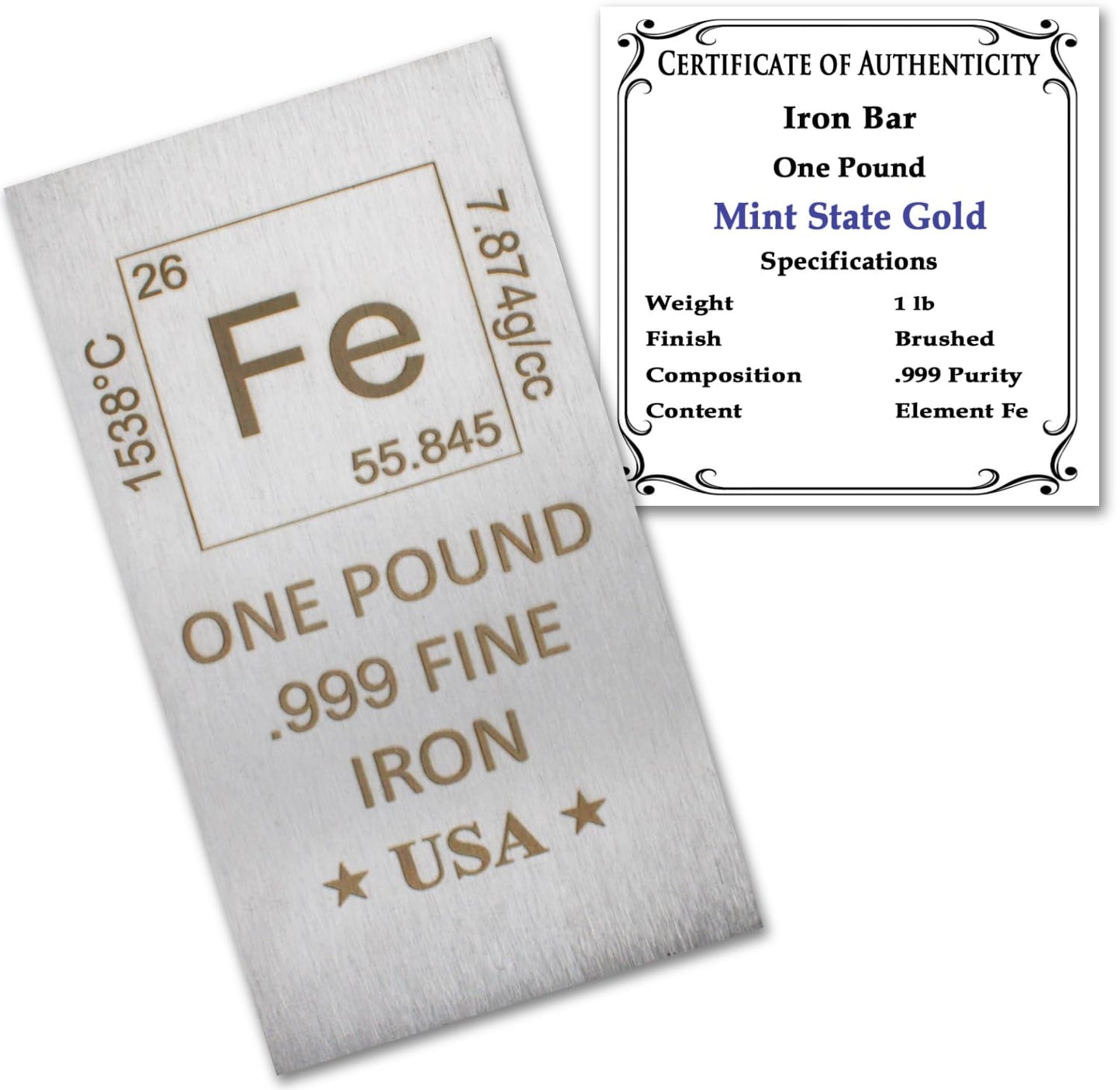 1 Pound Copper Bar Ingot Paperweight - 999 Pure Chemistry Element Design with Certificate of Authenticity by Mint State Gold