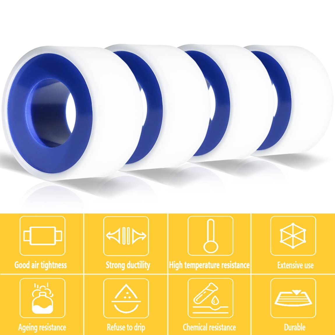 VOTMELL 4 Rolls 3/4 Inch(W) X 520 Inches(L) Teflon Tape for Plumbers, PTFE Thread Seal, Pipe Sealing, Shower Head - White
